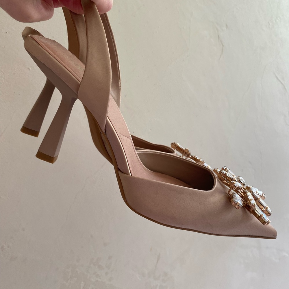 Zara Nude Crystal Embellished Slingback Pointed Heels - Picture 3 of 7